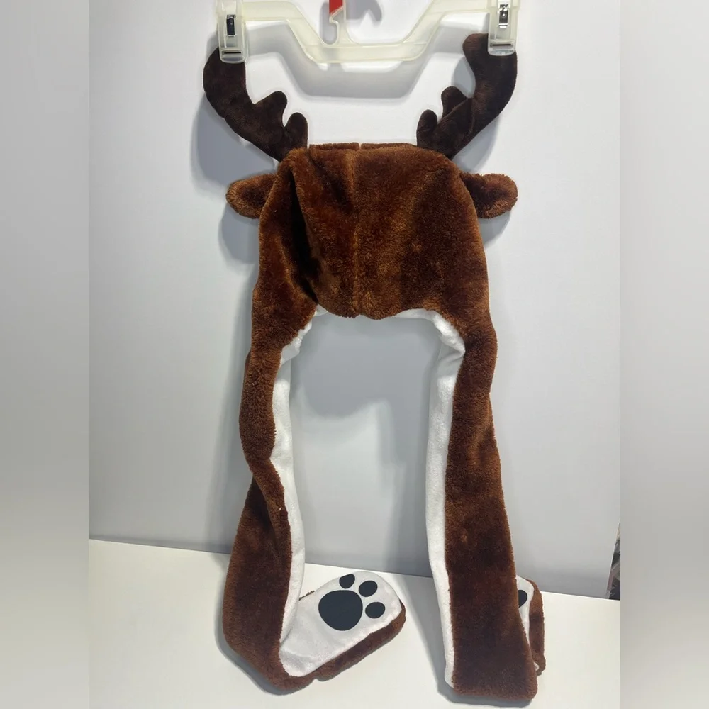3 in 1 Moose Plush Hat with long scarf mittens and antlers